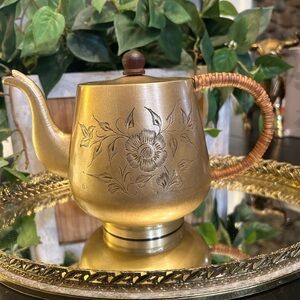 Vtg Brass Teapot floral engraving rattan handle